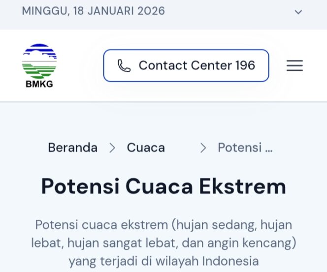 
					BMKG Keluarkan Peringatan Dini Cuaca Ekstrem 18–19 Januari 2026